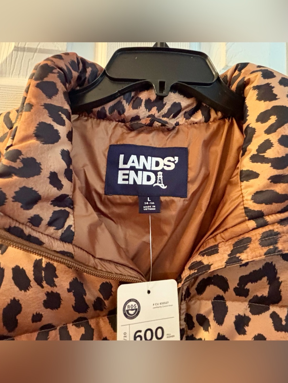Lands' End Women's Leopard-Print Puffer Jacket in Brown and Black